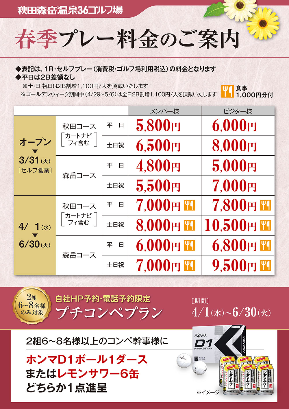 プレー料金のご案内
